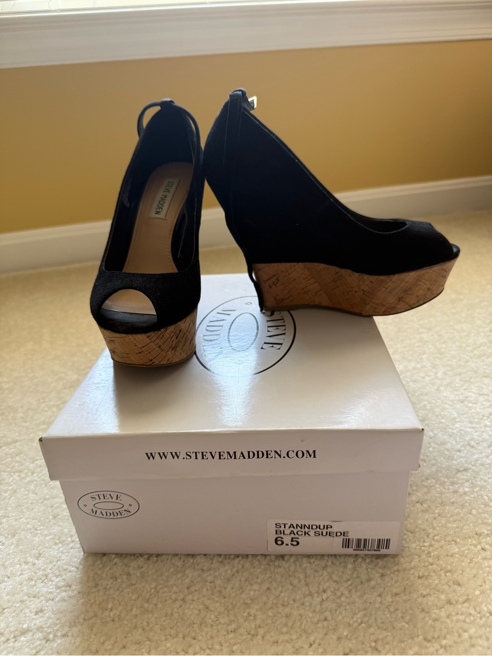 Steve Madden Standdup Black Suede Cork Wedge Heels Size 6.5